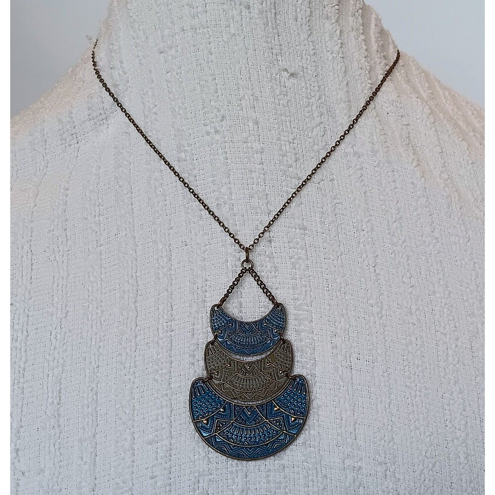 Boho Bronze Tone Blue & Gray Pendant Necklace 18 in